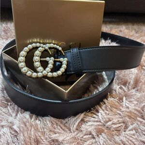 Gucci Black Belt with Pearl GG Logo